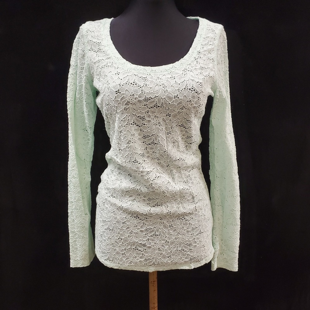Express Women Y2K Long Sleeve Lace Top Size S Green Elena Gilbert Preppy Dainty